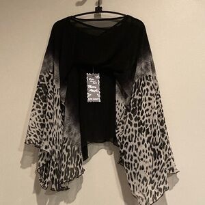 Black and White Animal Print Silk Poncho with Black Camisole
